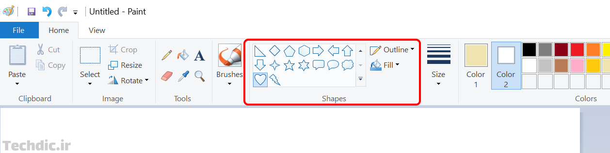 بخش شکل ها یا Shapes در ریبون مایکروسافت پینت