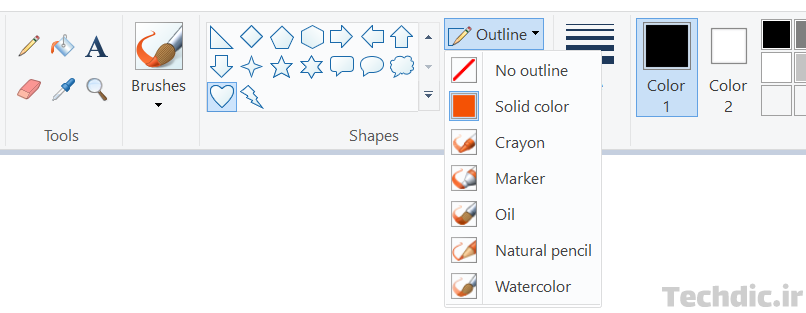 گزینه Outline برای تعیین استایل خط پیرامون شکل در Microsoft Paint