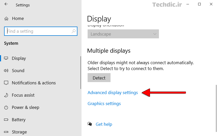 گزینه Advanced display settings در ویندوز 10 برای تغییر نرخ تازه سازی مانیتور