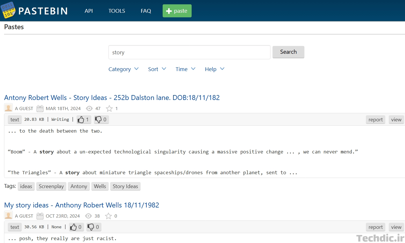 نمایی از سایت Pastebin.com به عنوان یکی از مشهورترین پیست بین ها یا ظرف های الصاق Pastebin