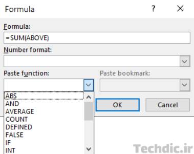 انتخاب تابع فرمول از فهرست Paste function در پنجره Formula