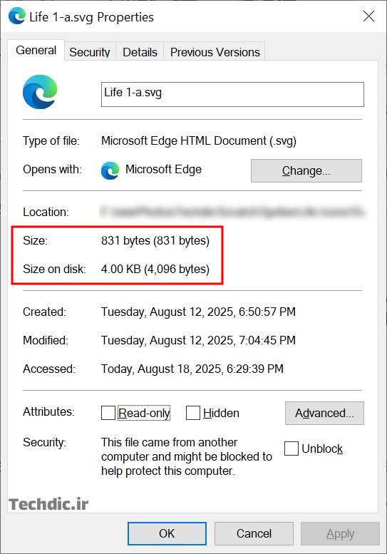 نمایی از آیتم های Size و Size on disk در پنجره Properties برای یک فایل
