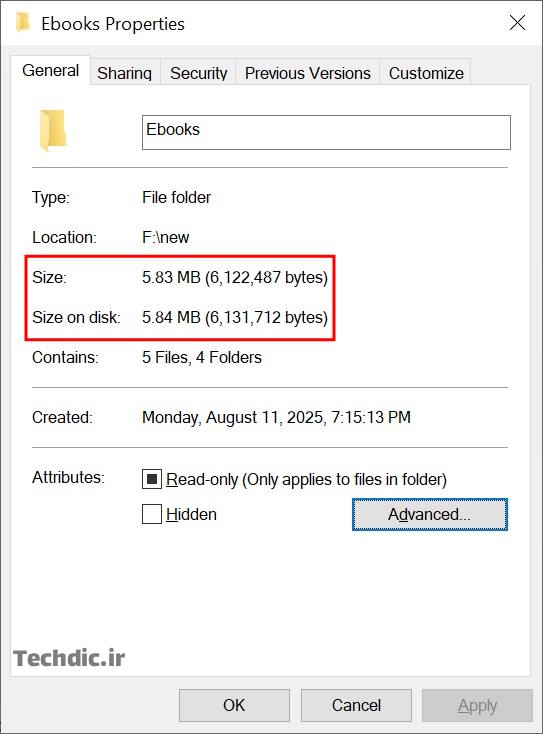 نمایی از آیتم های Size و Size on disk در پنجره Properties برای یک دایرکتوری. تفاوت و مفهوم Size و Size on disk چیست؟