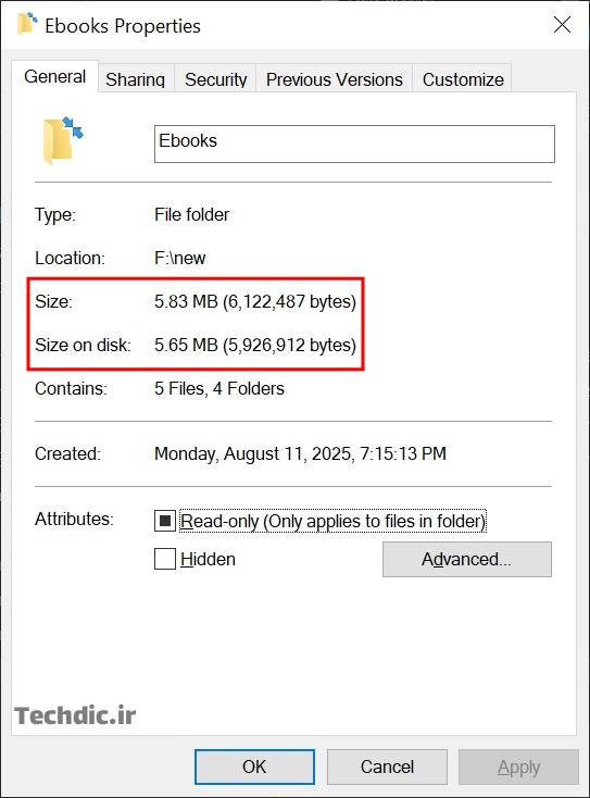 تفاوت Size و Size on disk پس از فشرده سازی دایرکتوری یا فایل در ویندوز