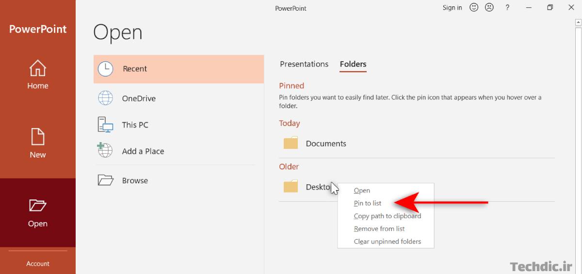 سنجاق کردن فولدر یا پوشه در صفحه Open مایکروسافت پاورپوینت