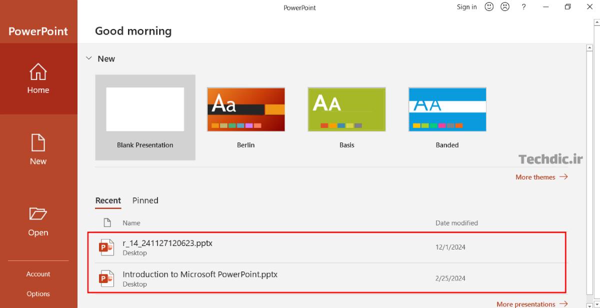 صفحه Home – بخش پرزنتیشن های اخیر در زبانه Recent برای باز کردن پرزنتیشن پاورپوینت