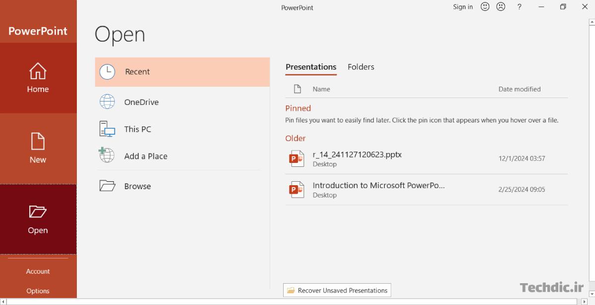 بخش پرزنتیشن های اخیر یا تازه (Recent) در صفحه Open برای باز کردن پرزنتیشن های اخیر