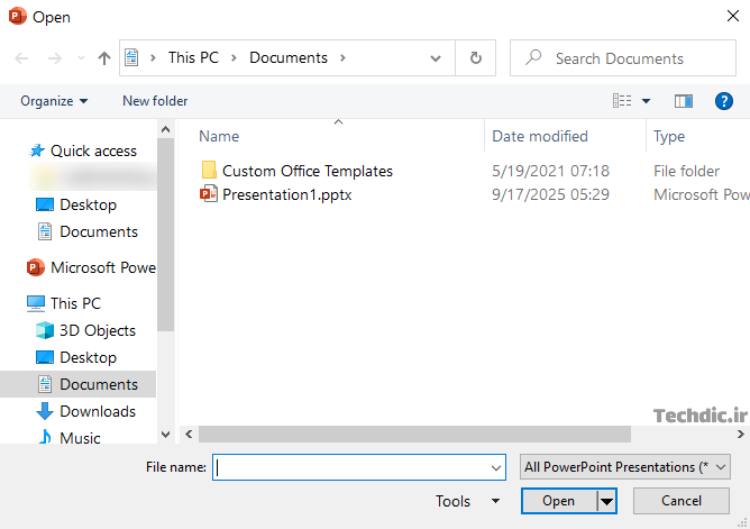 نمایی از دیالوگ باکس Open در مایکروسافت پاورپوینت برای باز کردن پرزنتیشن ذخیره شده