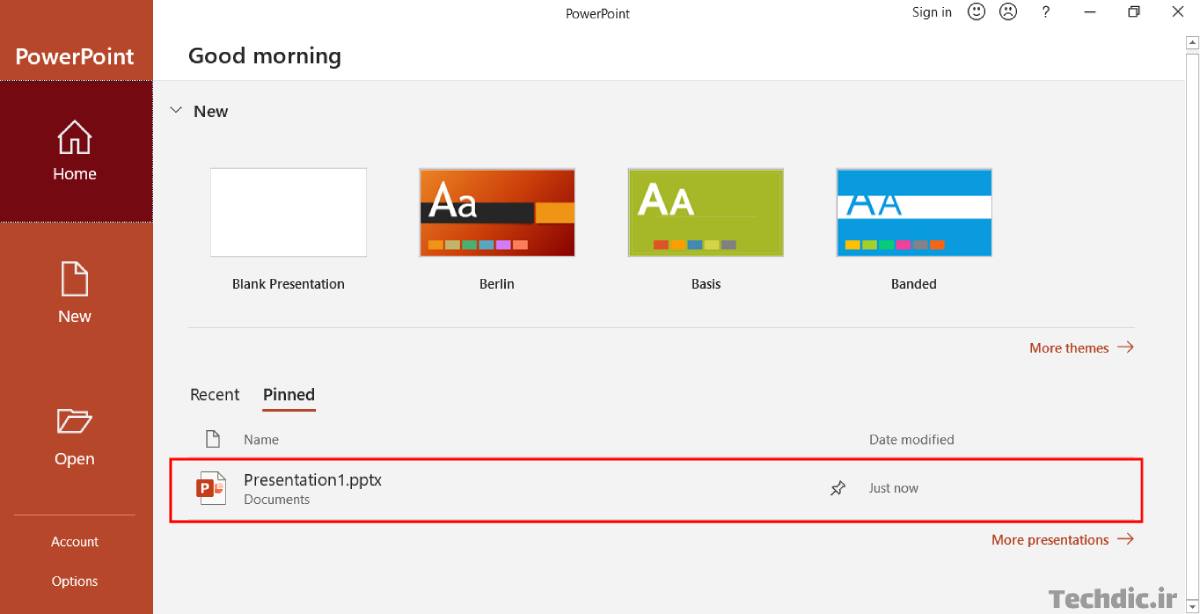 نمایی از بخش پرزنتیشن های سنجاق شده در صفحه Home برای باز کردن سریع پرزنتیشن های پر استفاده