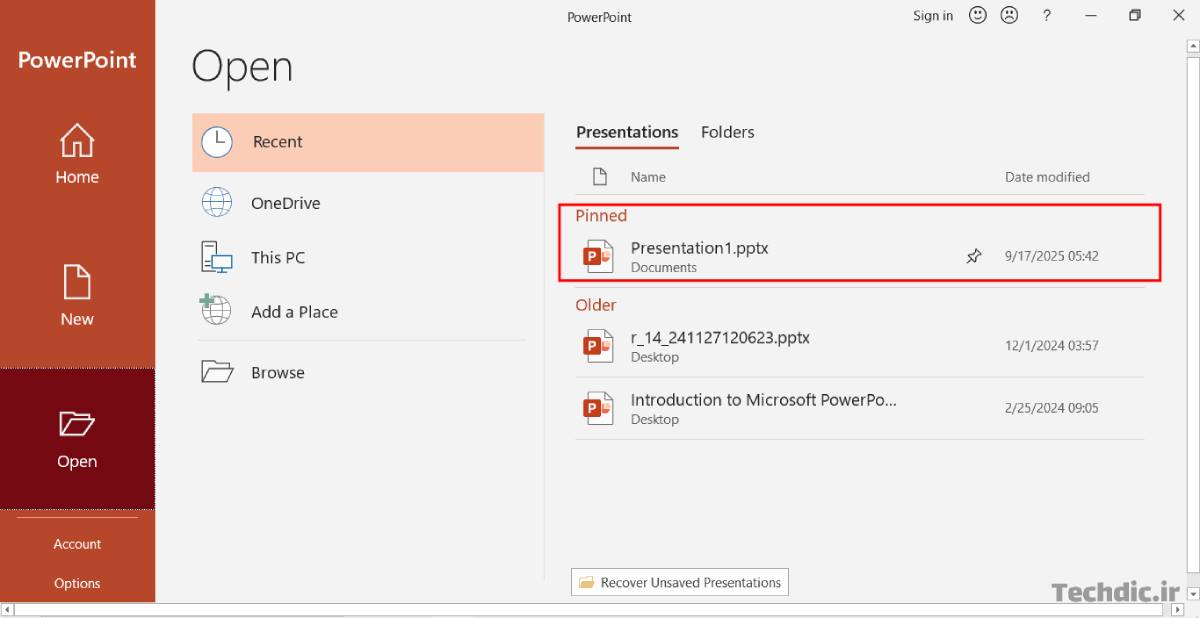 نمایی از بخش پرزنتیشن های سنجاق شده در صفحه Open برای باز کردن سریع پرزنتیشن های پر استفاده