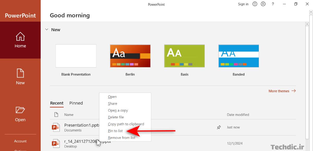 سنجاق کردن پرزنتیشن در صفحه Home با استفاده از منوی راست کلیک برای باز کردن سریع پرزنتیشن مایکروسافت پاورپوینت