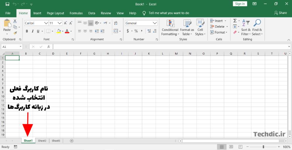 نمایی از یک کاربرگ خالی در مایکروسافت اکسل شامل نمایش جدولی داده ها