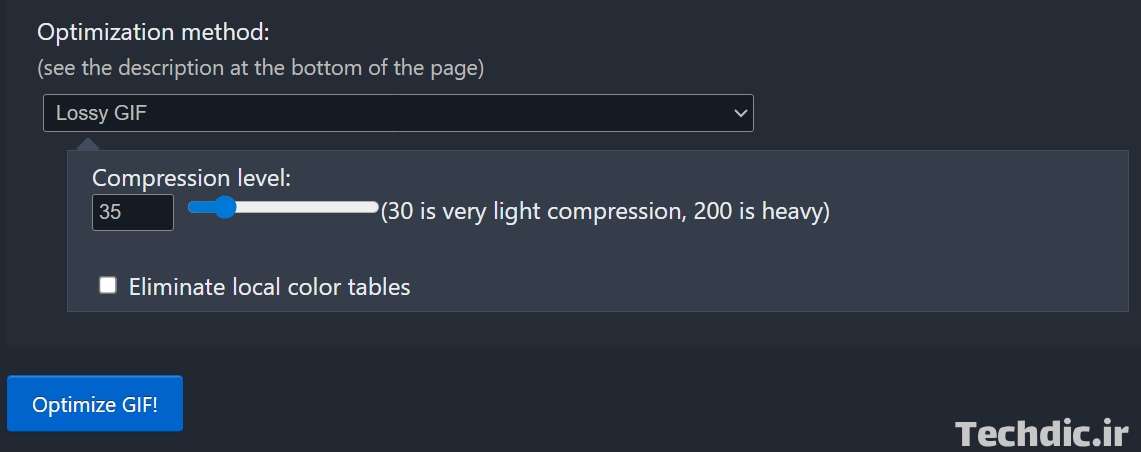 انتخاب نوع کاهش حجم و فشرده سازی فایل GIF در سایت Ezgif.com