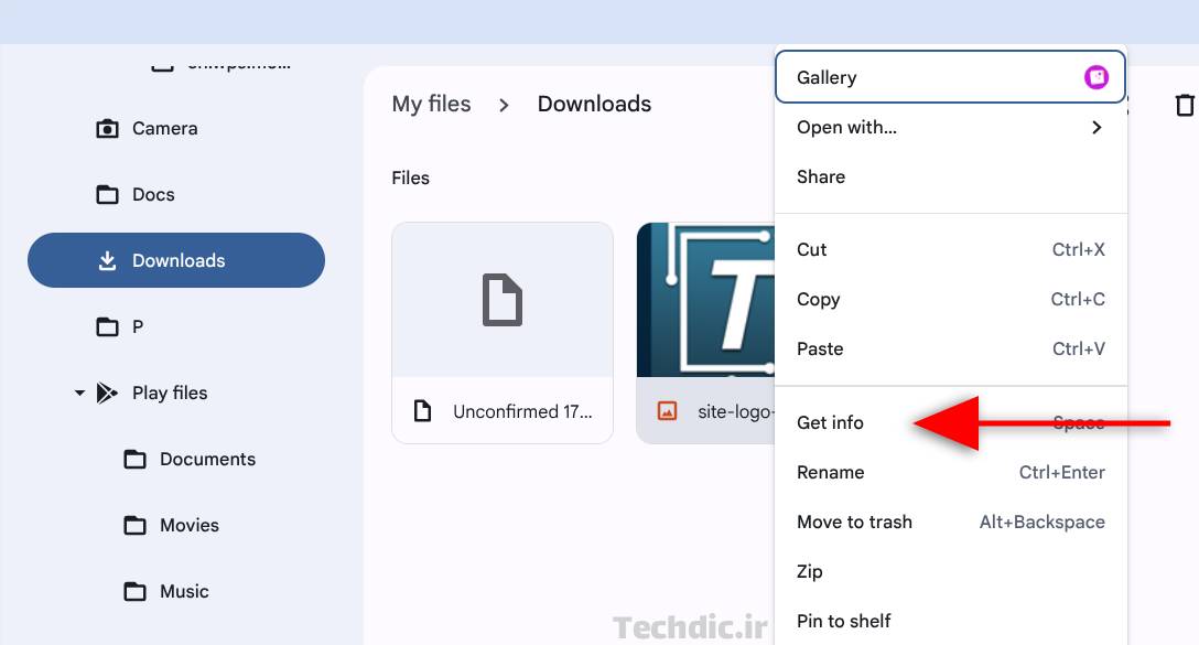 گزینه Get info در منوی راست کلیک یک فایل در اپ Files در کروم او اس